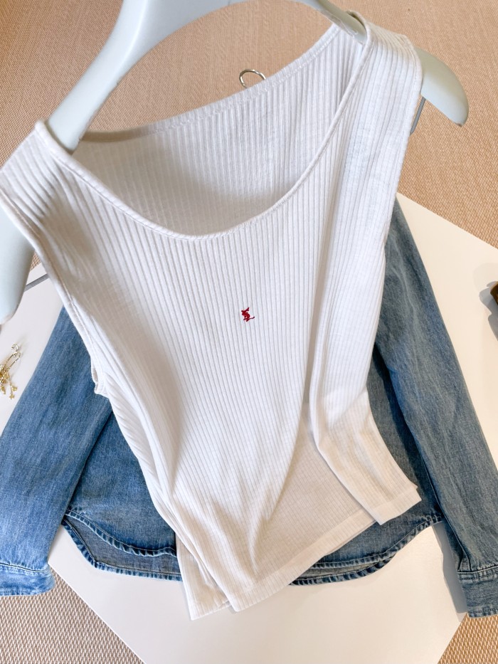 NIGO SAINT LAURENT Women's Summer Solid Color Semi-sheer Ribbed Letter Embroidered Tank Top #nigo76133