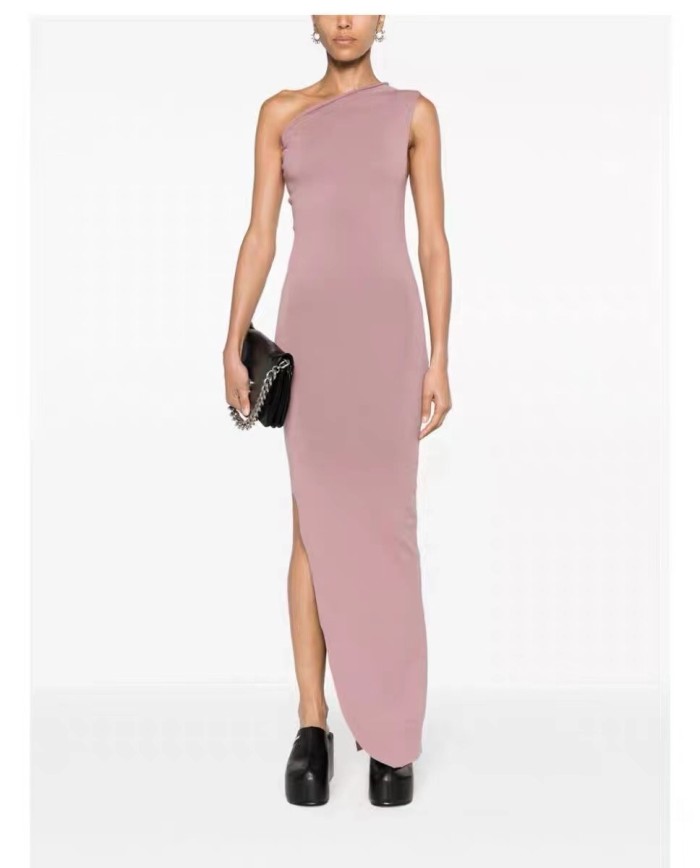 NIGO Rick Owens Women's Summer Slant Shoulder Slim Wool Side Slit Sleeveless Solid Color Dresses #nigo81161