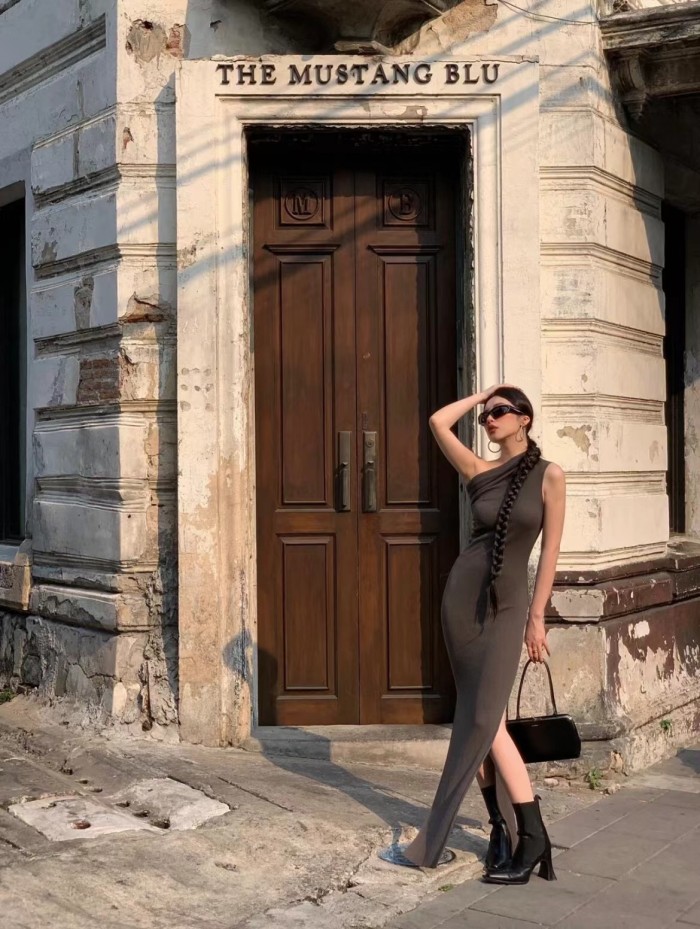 NIGO Rick Owens Women's Summer Slant Shoulder Slim Wool Side Slit Sleeveless Solid Color Dresses #nigo81161