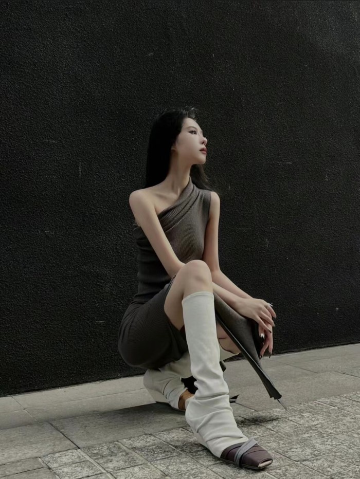NIGO Rick Owens Women's Summer Slant Shoulder Slim Wool Side Slit Sleeveless Solid Color Dresses #nigo81161
