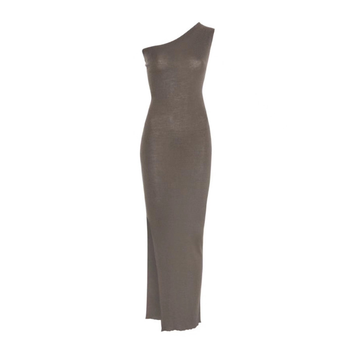 NIGO Rick Owens Women's Summer Slant Shoulder Slim Wool Side Slit Sleeveless Solid Color Dresses #nigo81161