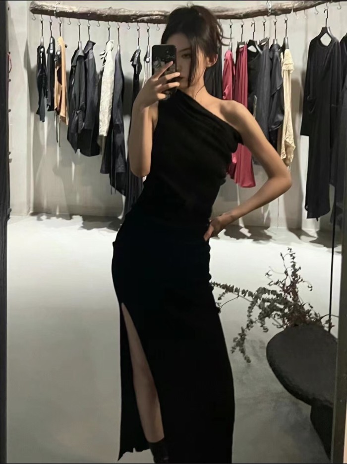 NIGO Rick Owens Women's Summer Slant Shoulder Slim Wool Side Slit Sleeveless Solid Color Dresses #nigo81161