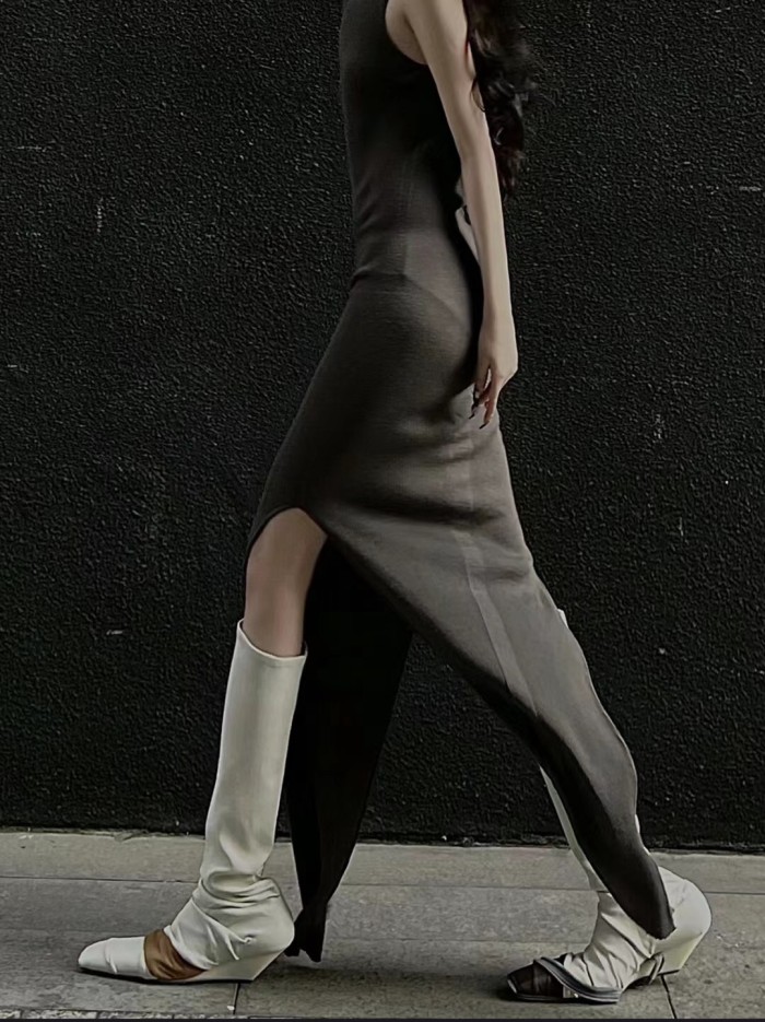 NIGO Rick Owens Women's Summer Slant Shoulder Slim Wool Side Slit Sleeveless Solid Color Dresses #nigo81161