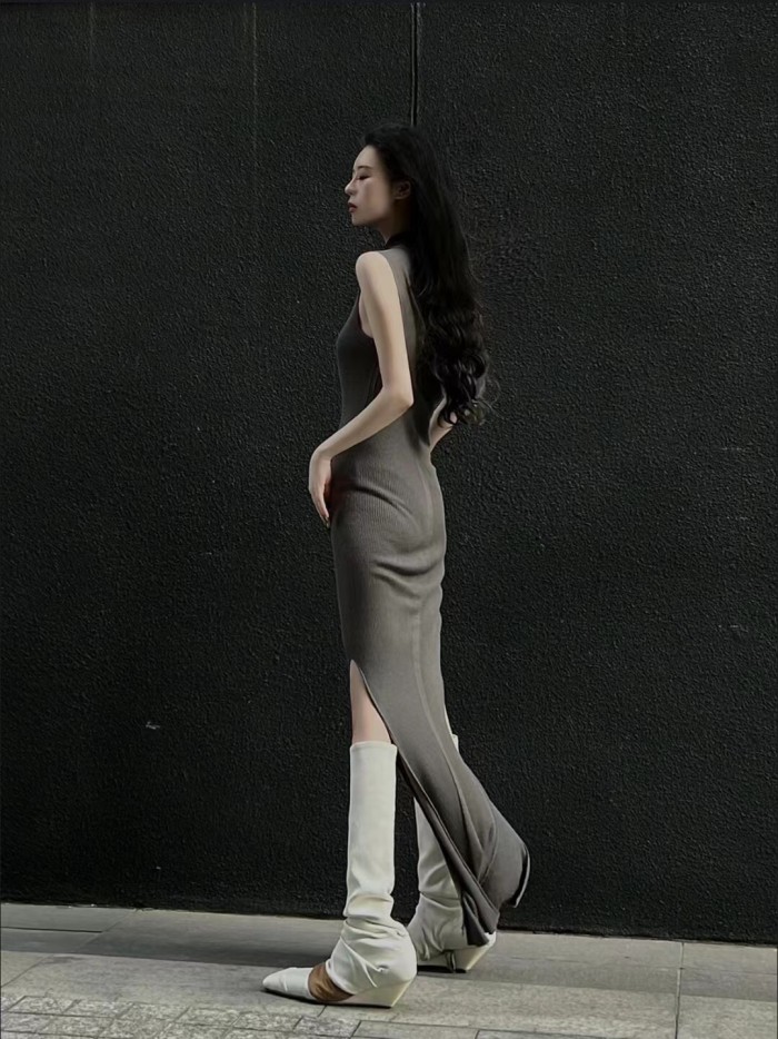 NIGO Rick Owens Women's Summer Slant Shoulder Slim Wool Side Slit Sleeveless Solid Color Dresses #nigo81161