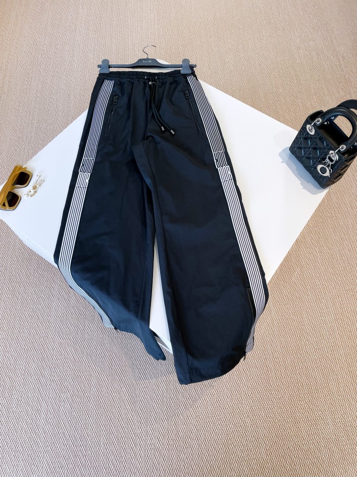 NIGO Dior Women's Spring/Summer Solid Color Jacquard Stripe Elastic Waist Tie Flare Casual Pants #nigo76145
