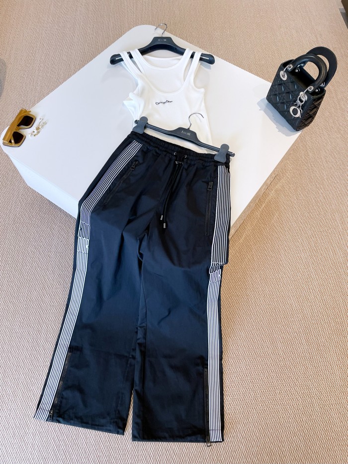 NIGO Dior Women's Spring/Summer Solid Color Jacquard Stripe Elastic Waist Tie Flare Casual Pants #nigo76145