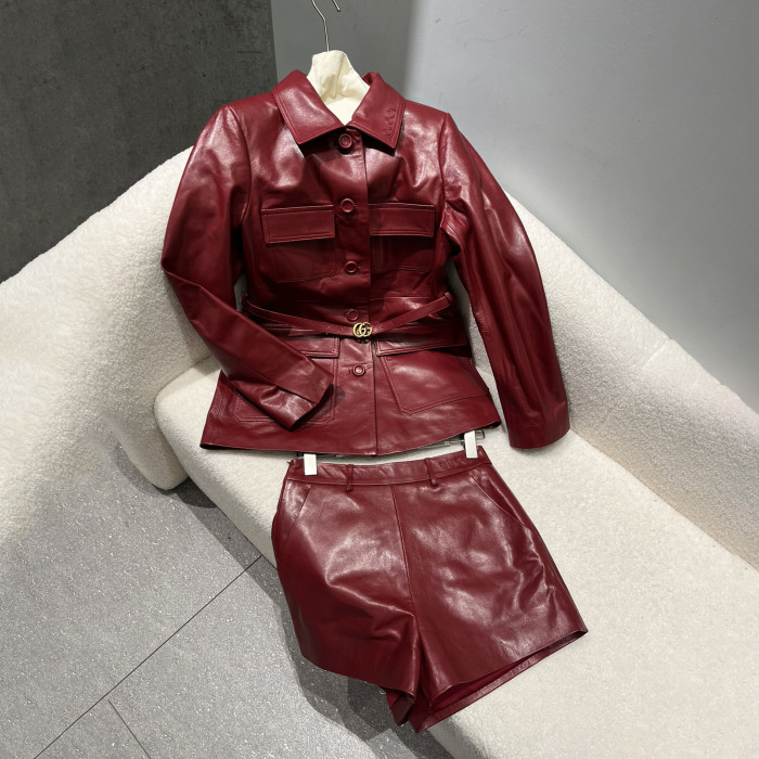 NIGO Gucci Women's Spring And Autumn Solid Color Single Breasted Drawstring Leather Long Sleeved Jacket Casual Shorts Suit Set #nigo76167
