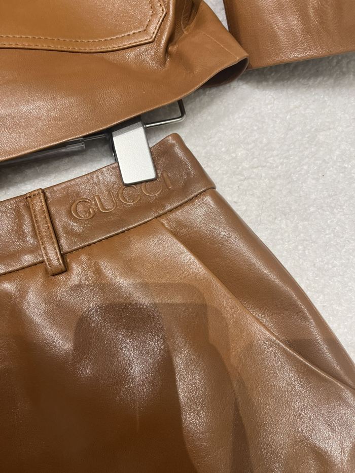 NIGO Gucci Women's Spring And Autumn Solid Color Single Breasted Drawstring Leather Long Sleeved Jacket Casual Shorts Suit Set #nigo76167