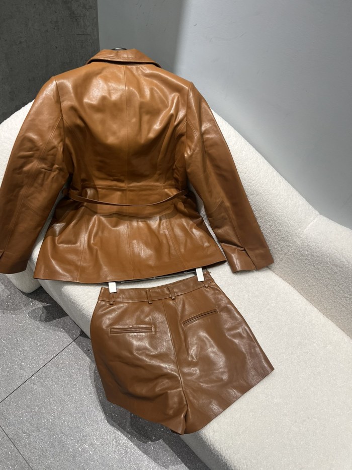 NIGO Gucci Women's Spring And Autumn Solid Color Single Breasted Drawstring Leather Long Sleeved Jacket Casual Shorts Suit Set #nigo76167