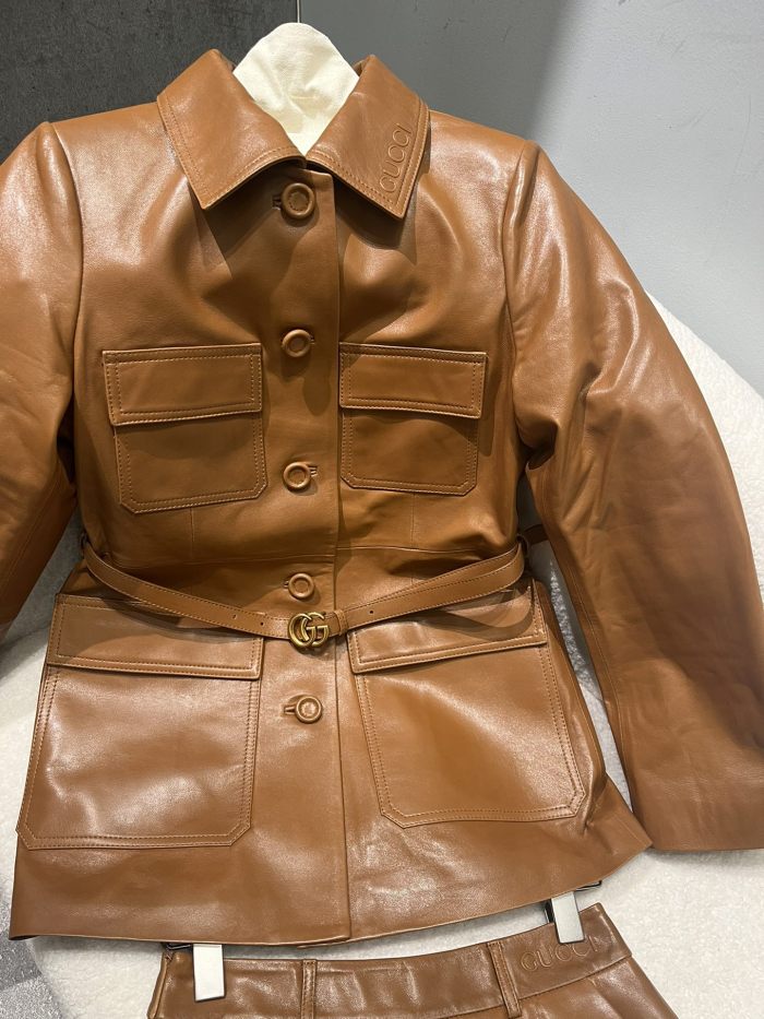 NIGO Gucci Women's Spring And Autumn Solid Color Single Breasted Drawstring Leather Long Sleeved Jacket Casual Shorts Suit Set #nigo76167
