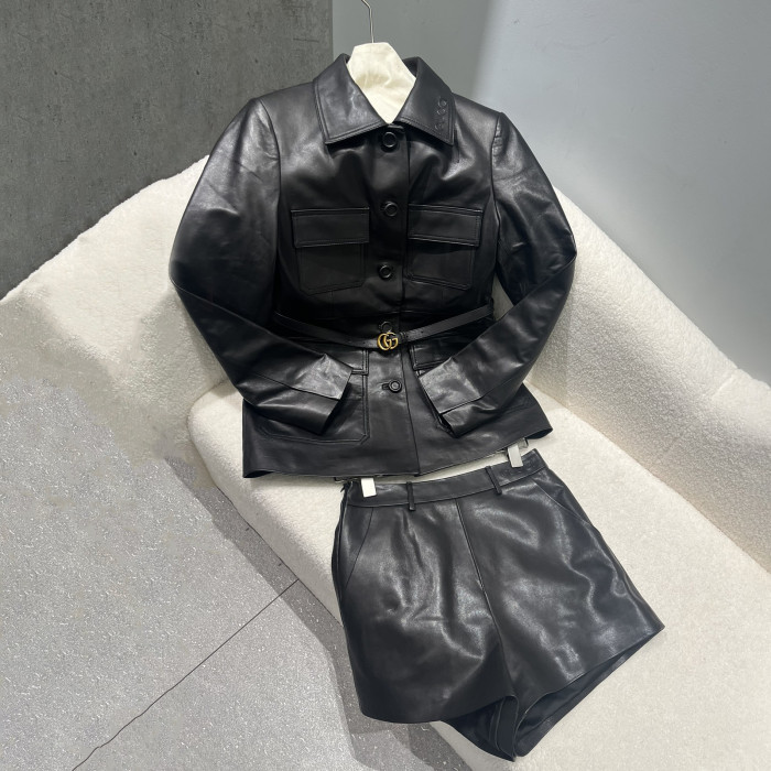 NIGO Gucci Women's Spring And Autumn Solid Color Single Breasted Drawstring Leather Long Sleeved Jacket Casual Shorts Suit Set #nigo76167