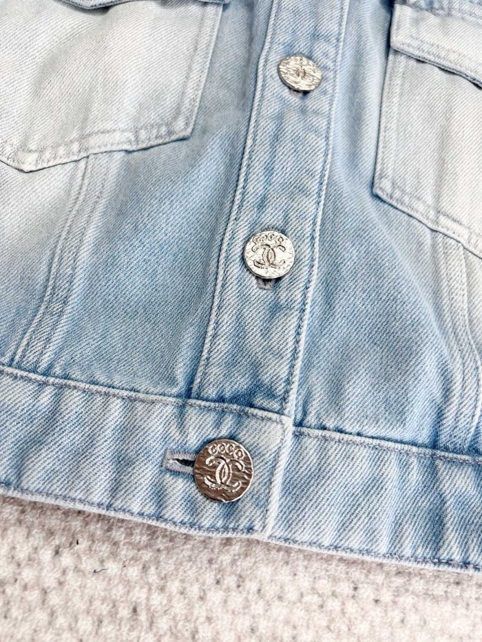 NIGO Chanel Women's Spring And Summer Blue Washed Lapel Single Breasted Short Short Sleeved Denim Jacket Casual Jeans Pants Suit Set #nigo76159
