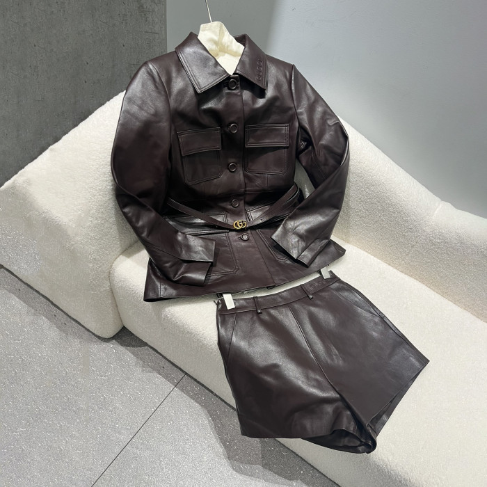 NIGO Gucci Women's Spring And Autumn Solid Color Single Breasted Drawstring Leather Long Sleeved Jacket Casual Shorts Suit Set #nigo76167