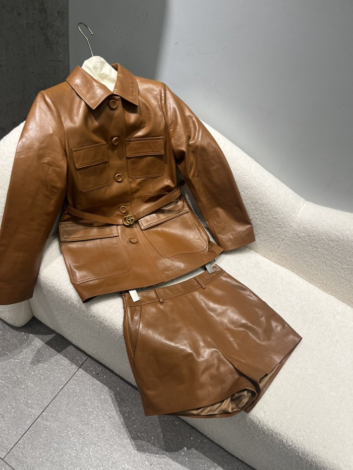 NIGO Gucci Women's Spring And Autumn Solid Color Single Breasted Drawstring Leather Long Sleeved Jacket Casual Shorts Suit Set #nigo76167