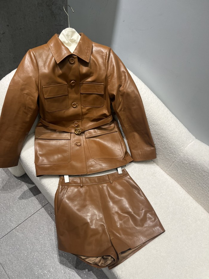 NIGO Gucci Women's Spring And Autumn Solid Color Single Breasted Drawstring Leather Long Sleeved Jacket Casual Shorts Suit Set #nigo76167