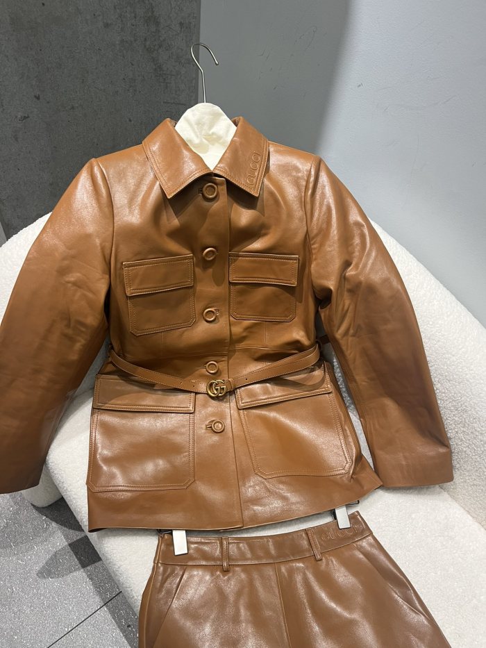 NIGO Gucci Women's Spring And Autumn Solid Color Single Breasted Drawstring Leather Long Sleeved Jacket Casual Shorts Suit Set #nigo76167