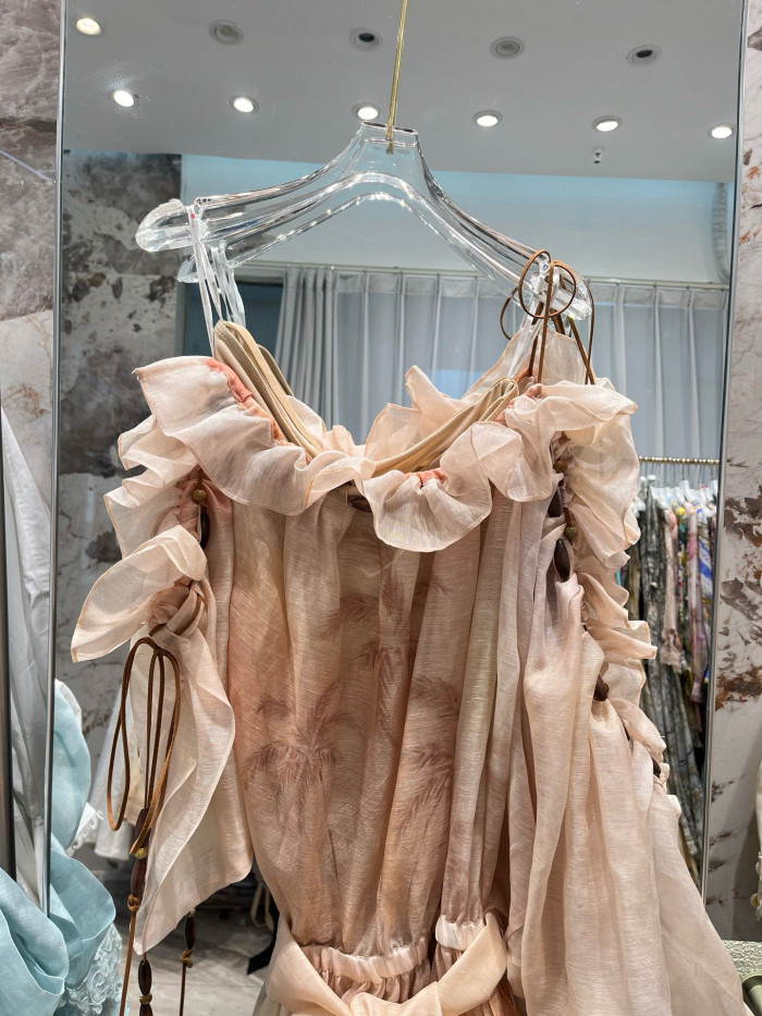 NIGO Zimmermann Women's Spring and Summer Show Pink Slant Strapless Loose Waist Ruffle Short Dresses #nigo76189