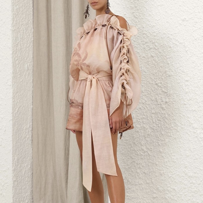 NIGO Zimmermann Women's Spring and Summer Show Pink Slant Strapless Loose Waist Ruffle Short Dresses #nigo76189