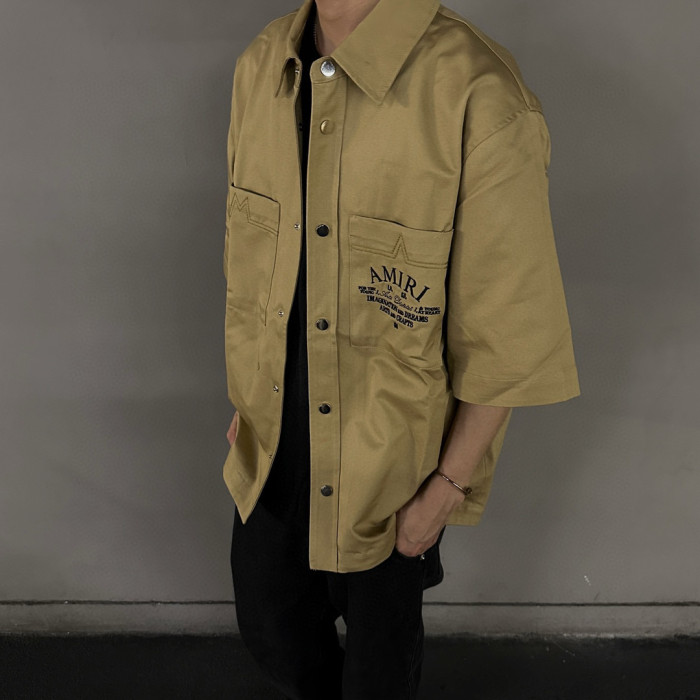 NIGO Amiri Men's Arts District Camp Solid Color Logo Embroidered Lapel Single Breasted Short Sleeve Shirt #nigo76214