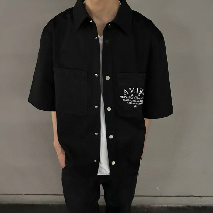 NIGO Amiri Men's Arts District Camp Solid Color Logo Embroidered Lapel Single Breasted Short Sleeve Shirt #nigo76214
