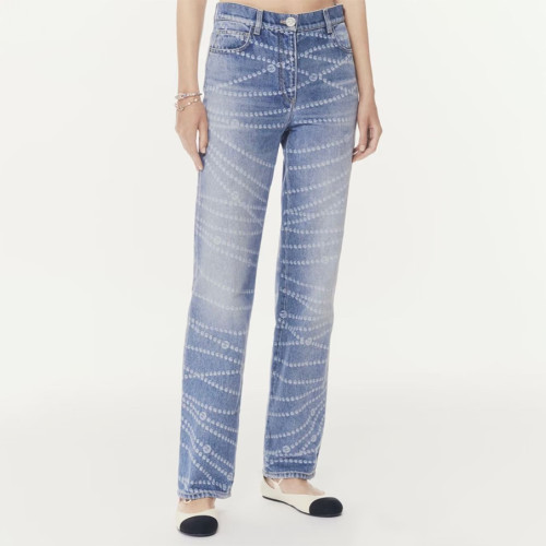 NIGO Chanel Women's Four Seasons Pearl Chain Print Cotton Casual Solid Color Straight Jeans Denim Pants #nigo76229