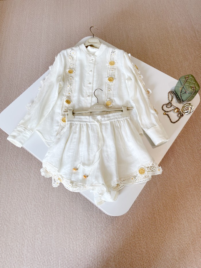 NIGO Zimmermann Women's Summer Solid Color Daisy Cotton Hollow Single-Breasted Shirt Lace Up Shorts Suit Set #nigo76261
