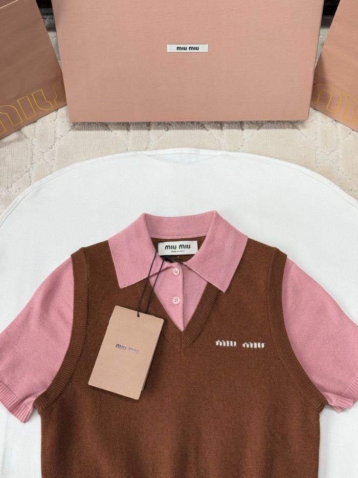 NIGO MiuMiu Women's Colorblocked Knit Loose Short Sleeve Polo Neck Knit Sweater #nigo76256