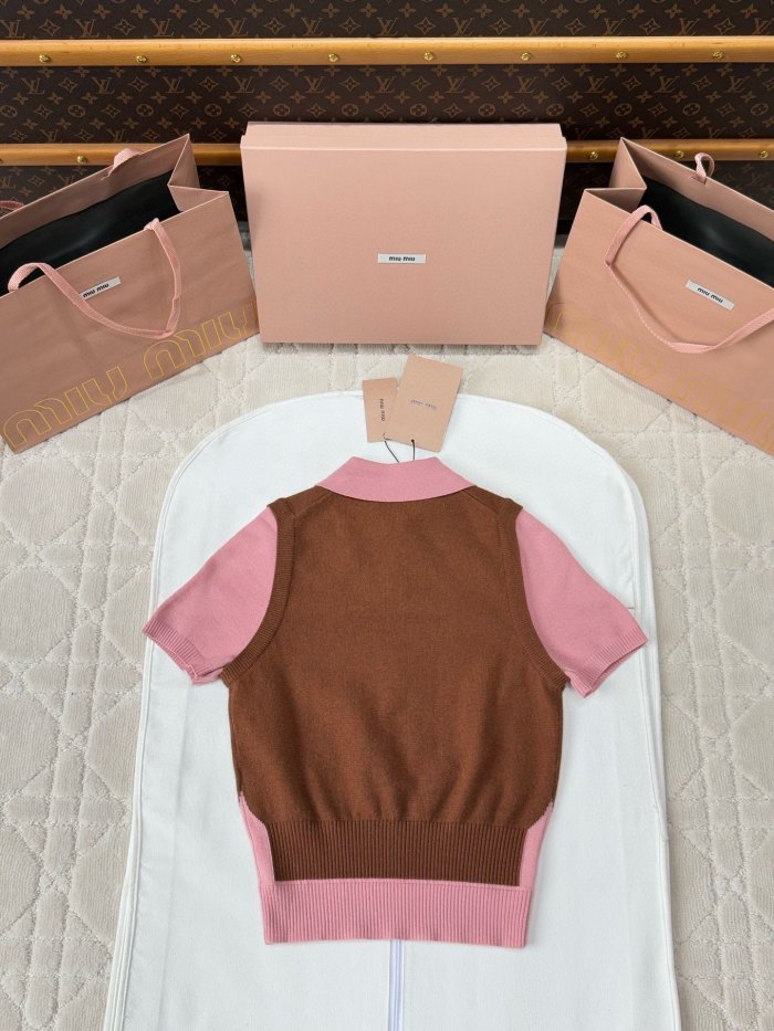 NIGO MiuMiu Women's Colorblocked Knit Loose Short Sleeve Polo Neck Knit Sweater #nigo76256