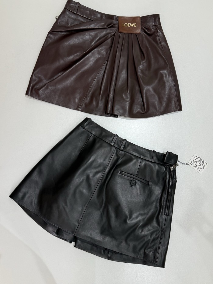NIGO Loewe Women's Summer Solid Color Logo Letter Print Pleated Casual Leather Short Skirt #nigo76258