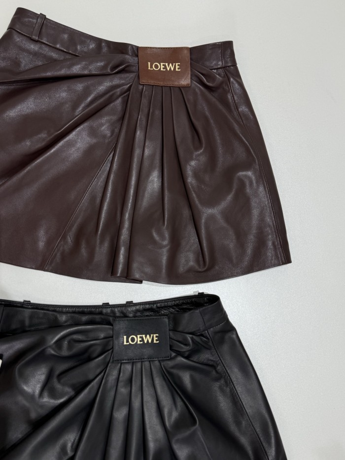 NIGO Loewe Women's Summer Solid Color Logo Letter Print Pleated Casual Leather Short Skirt #nigo76258
