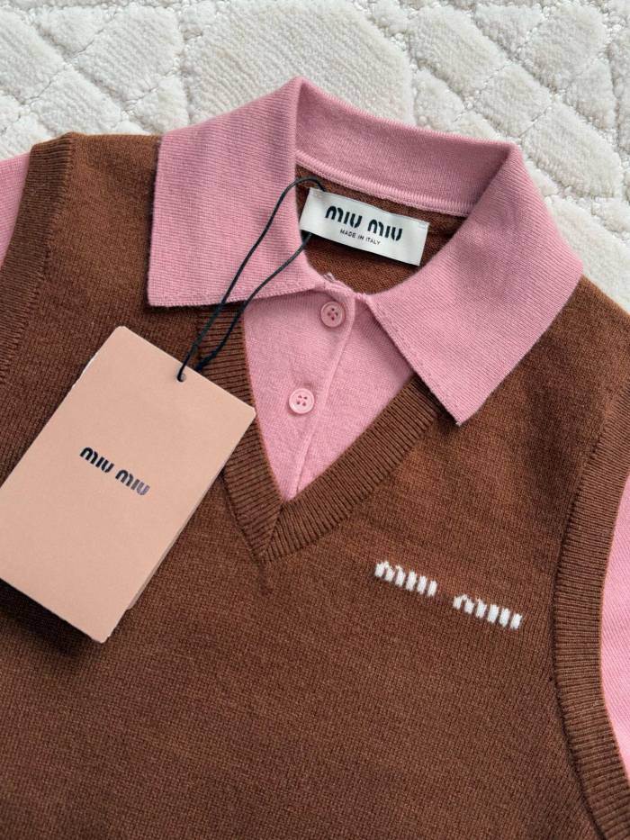 NIGO MiuMiu Women's Colorblocked Knit Loose Short Sleeve Polo Neck Knit Sweater #nigo76256