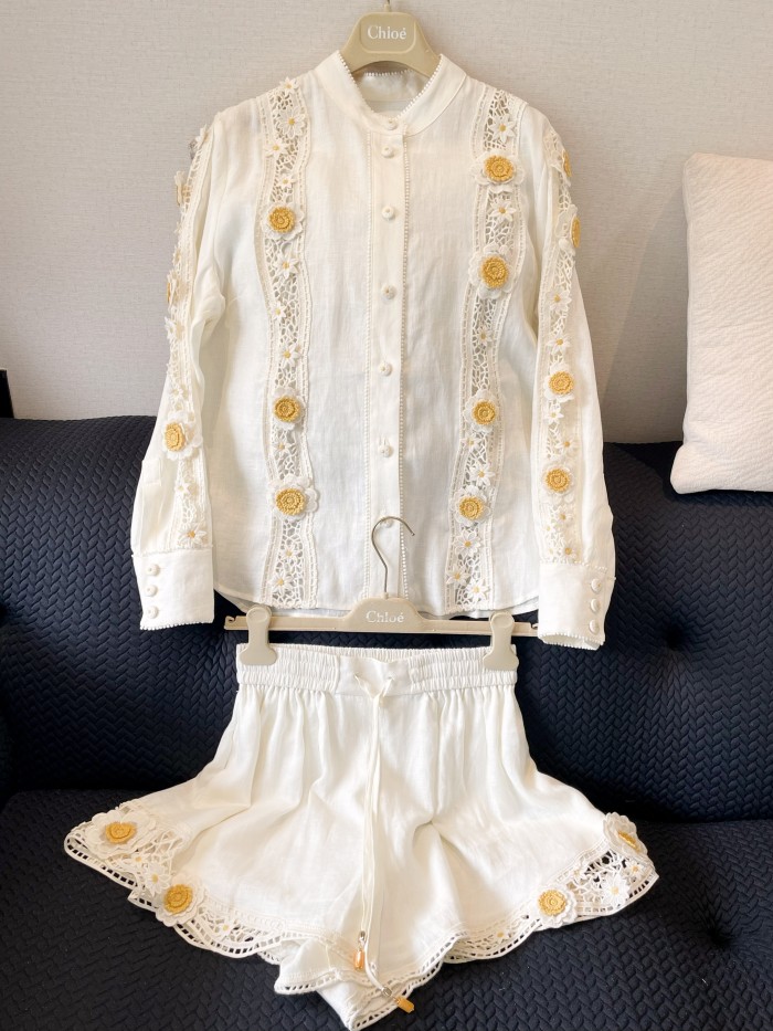 NIGO Zimmermann Women's Summer Solid Color Daisy Cotton Hollow Single-Breasted Shirt Lace Up Shorts Suit Set #nigo76261