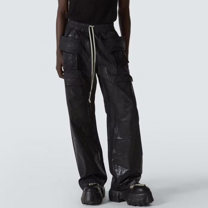 NIGO Rick Owens DRKSHDW Men's Spring Summer Waxed Double Loop Wide Leg Trousers Black High Street Shiny Loose Drawstring Straight Leg Trousers Drawstring Pants  Ngvp #nigo1346