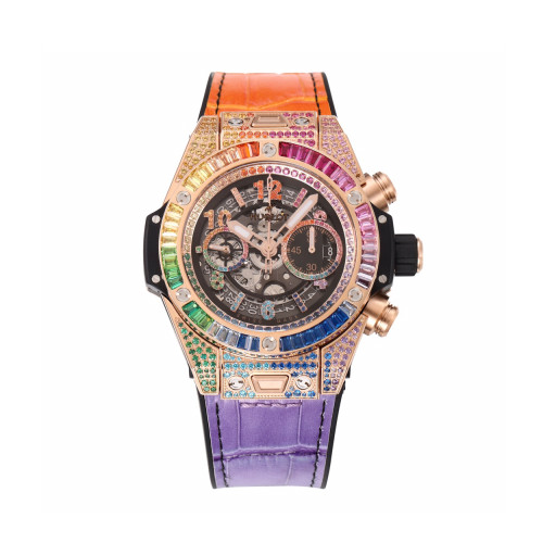 NIGO Hublot Men's Automatic Mechanical Movement Date Display Chronograph Skeleton with Colorful Diamonds Watch #nigo76264