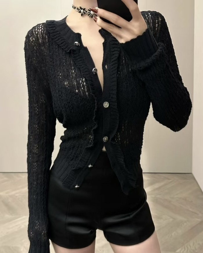 NIGO Chanel Women's Spring, Autumn And Winter Solid Color Lace Round Neck Cotton Long Sleeve Knitted Cardigan Ngvp #nigo1434