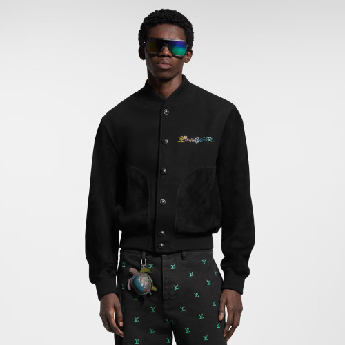NIGO Louis Vuitton Men's Spring And Fall Solid Color Mixed Leather Single Breasted Drawstring Baseball Jacket #nigo76378