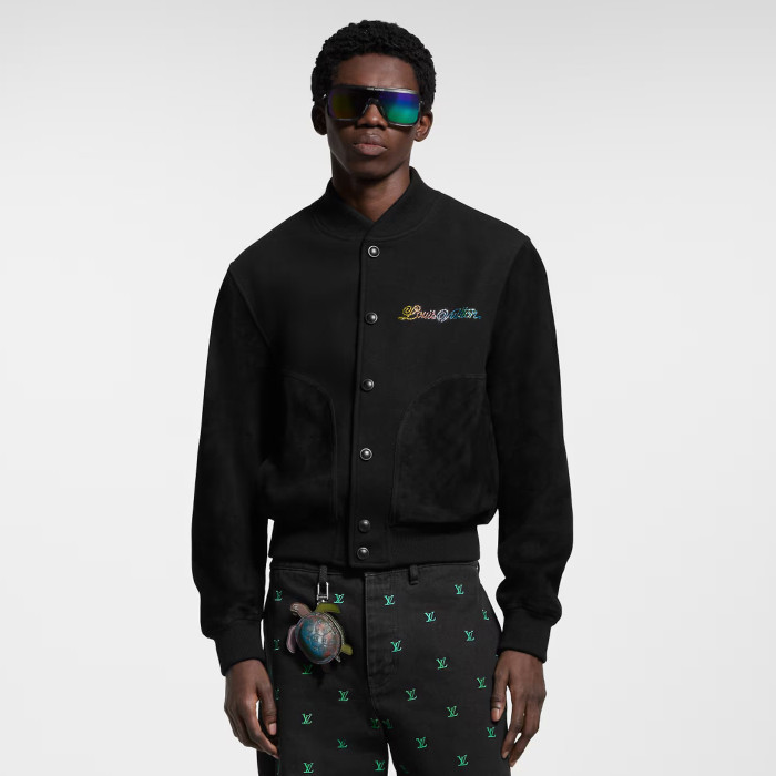 NIGO Louis Vuitton Men's Spring And Fall Solid Color Mixed Leather Single Breasted Drawstring Baseball Jacket #nigo76378