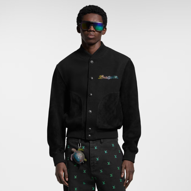 NIGO Louis Vuitton Men's Spring And Fall Solid Color Mixed Leather Single Breasted Drawstring Baseball Jacket #nigo76378