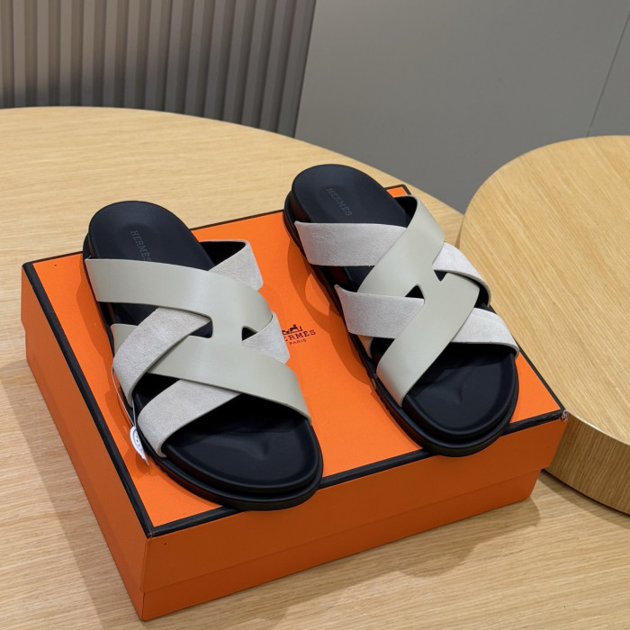 NIGO Hermes Men's Summer Solid Color Leather Suede Patchwork Sandals Slippers Shoes #nigo76385