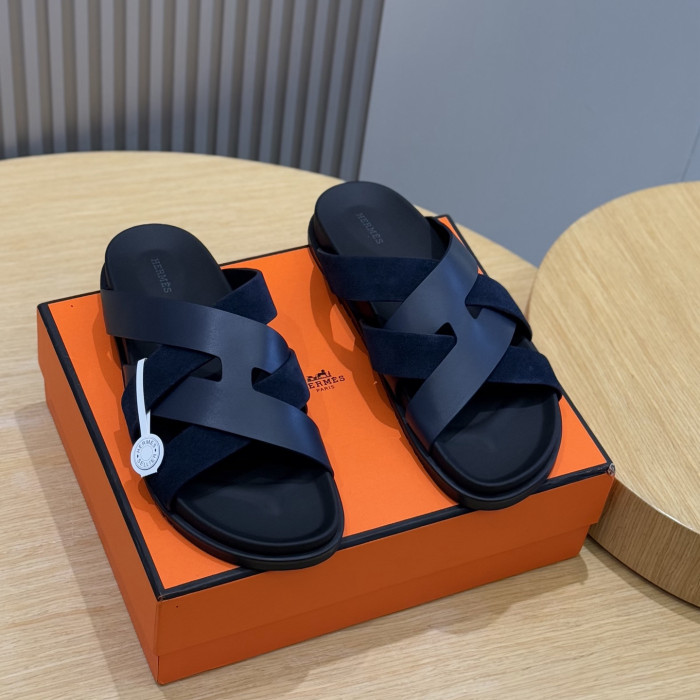NIGO Hermes Men's Summer Solid Color Leather Suede Patchwork Sandals Slippers Shoes #nigo76385