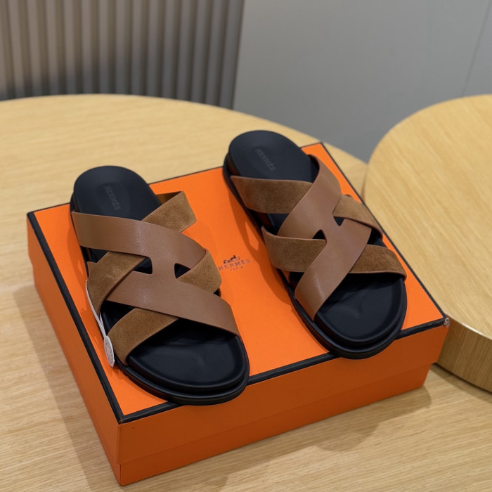 NIGO Hermes Men's Summer Solid Color Leather Suede Patchwork Sandals Slippers Shoes #nigo76385