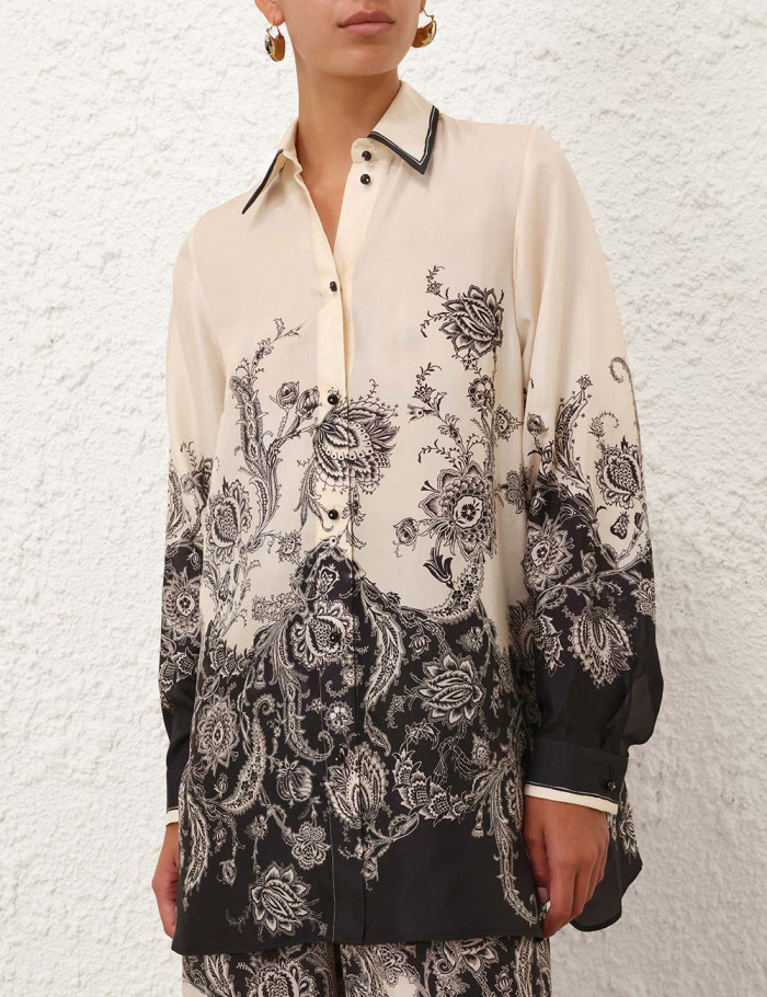 NIGO Zimmermann Women's Spring Summer Black Floral Pattern Single Breasted Long Sleeve Shirt Drawstring Tie Casual Pants Set Suit #nigo76415