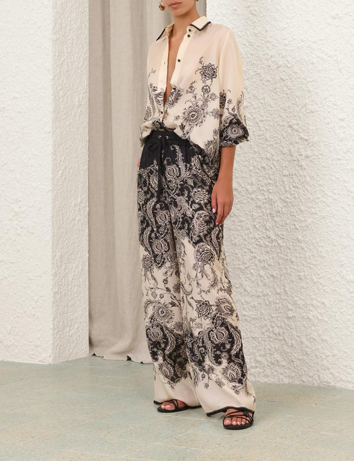 NIGO Zimmermann Women's Spring Summer Black Floral Pattern Single Breasted Long Sleeve Shirt Drawstring Tie Casual Pants Set Suit #nigo76415