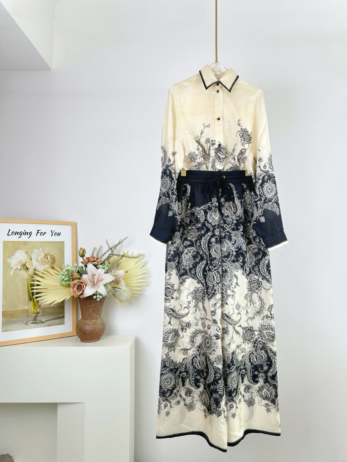 NIGO Zimmermann Women's Spring Summer Black Floral Pattern Single Breasted Long Sleeve Shirt Drawstring Tie Casual Pants Set Suit #nigo76415