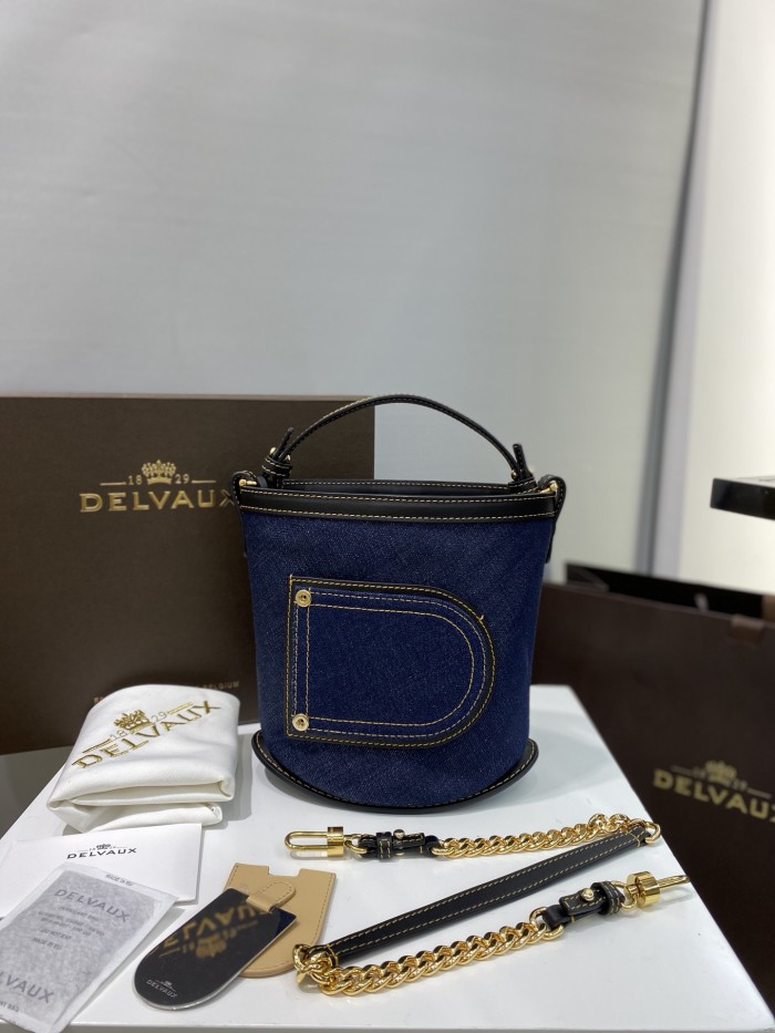 NIGO Delvaux Pin Bucket Women's Outer Stitching Solid Color Denim Patchwork Leather Tote Shoulder Bag Bags #nigo76453