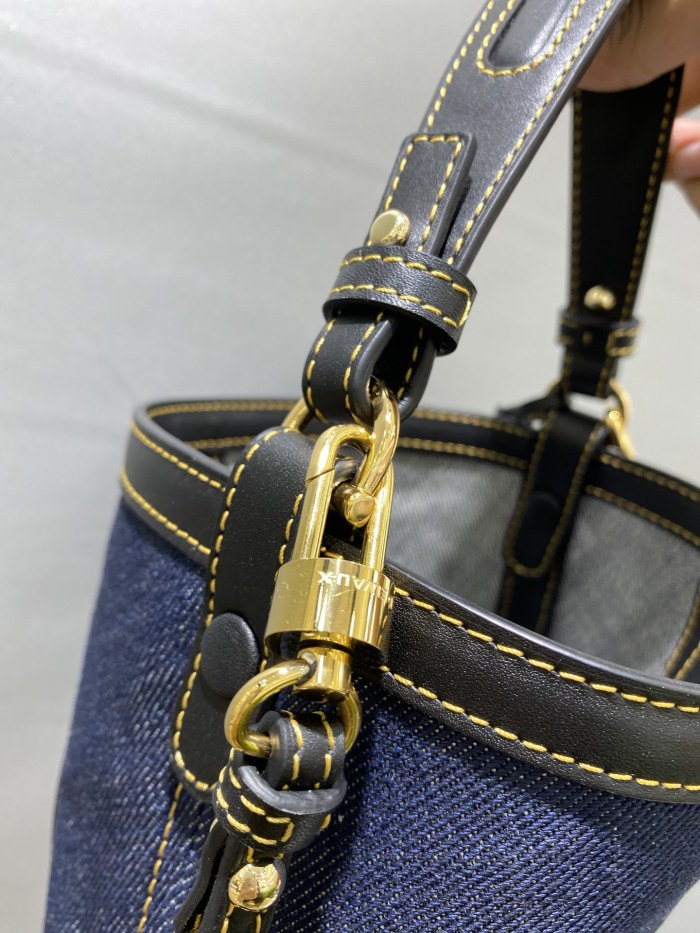 NIGO Delvaux Pin Bucket Women's Outer Stitching Solid Color Denim Patchwork Leather Tote Shoulder Bag Bags #nigo76453