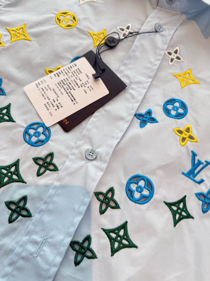 NIGO Louis Vuitton Men's and Women's Embroidered Logo Printed Single Breasted Solid Color Short Sleeve Shirt #nigo76469