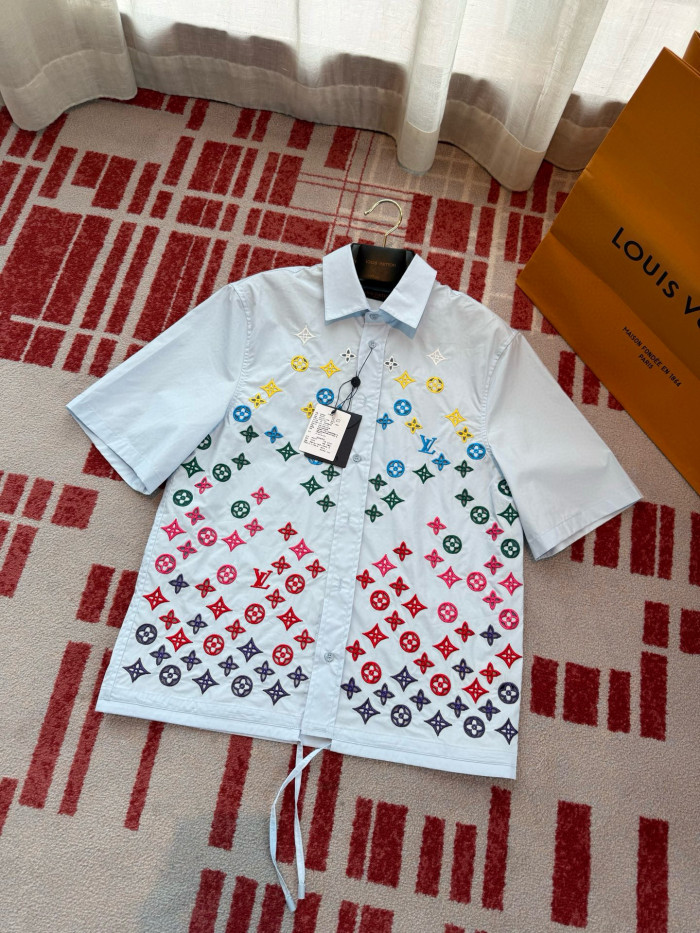NIGO Louis Vuitton Men's and Women's Embroidered Logo Printed Single Breasted Solid Color Short Sleeve Shirt #nigo76469