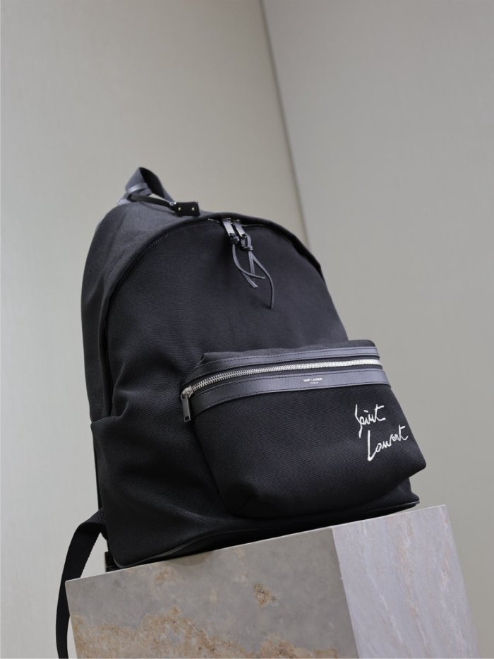 NIGO CITY Saint Laurent Embroidered Letter Fabric Leather Panel Backpack Schoolbag Bag Bags #nigo76462