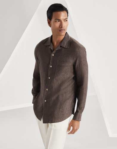 NIGO Brunello Cucinelli Men's Linen Easy Fit Shirt with Camp Collar and Chest Pocket Spring And Autumn Solid Color Long Sleeve Top Ngvp #nigo1455
